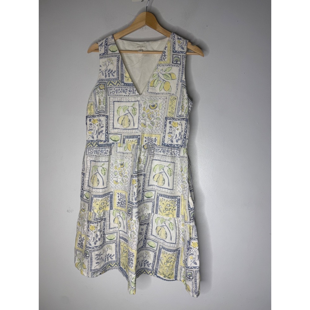 Garnet Hill Linen Dress Womens 6 Lemon Tile Print Tiered V-Neck Sleeveless Blue